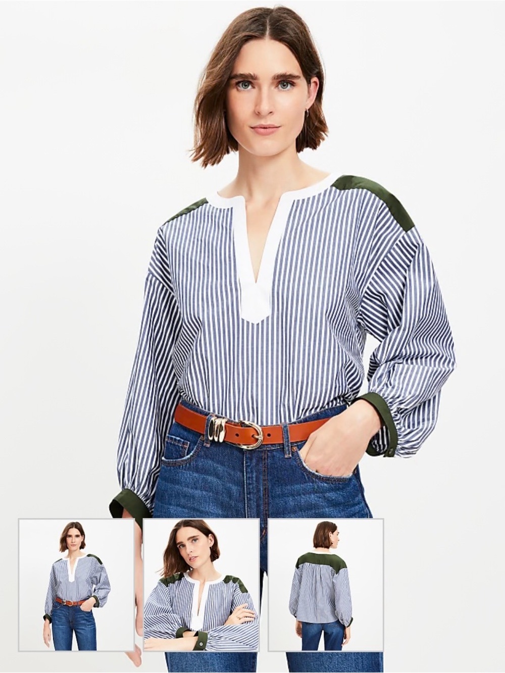 Loft Striped V-Neck Blouse with Olive Trim - Women Sz XS